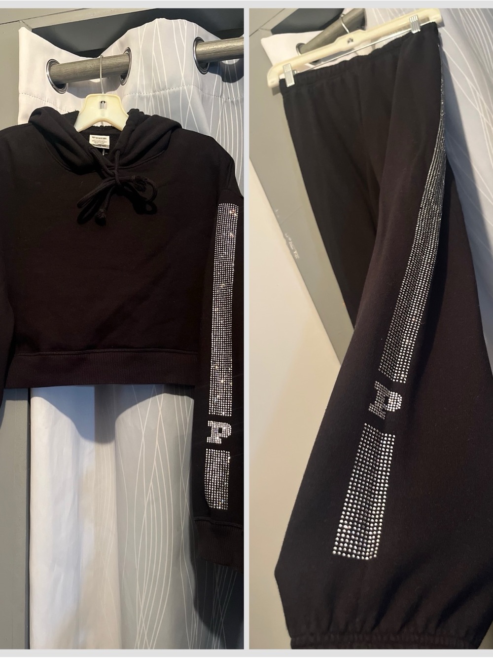 Victoria Secret Sweatsuit Hooded Black Rhinestone Embellishments Drawstring
